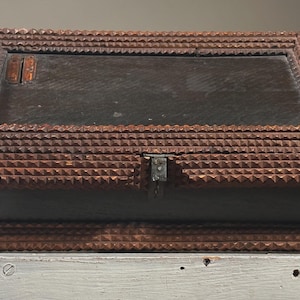 Large Antique Chip Carved Footed Tramp Art Box with Metal Slot Detail