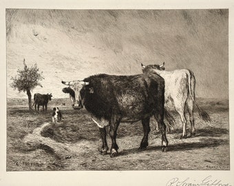 Robert Swain Gifford - Normandy Cattle autorstwa Constantine Troyon Chine Collé Print, sygnowany (1887)