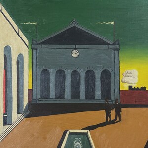 Vintage Surrealist Architectural Landscape after Giorgio de Chirico by J.D. Sine, Signed 1970, Oil on Canvas image 2