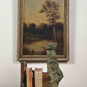 Antik solnedgångslandskap med sjö och kor, olja på duk bild 2