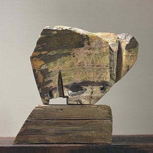 Vintage Abstract Modernist Onyx Sculpture with Wood Stand, Signed/Brancusi/Minimalist