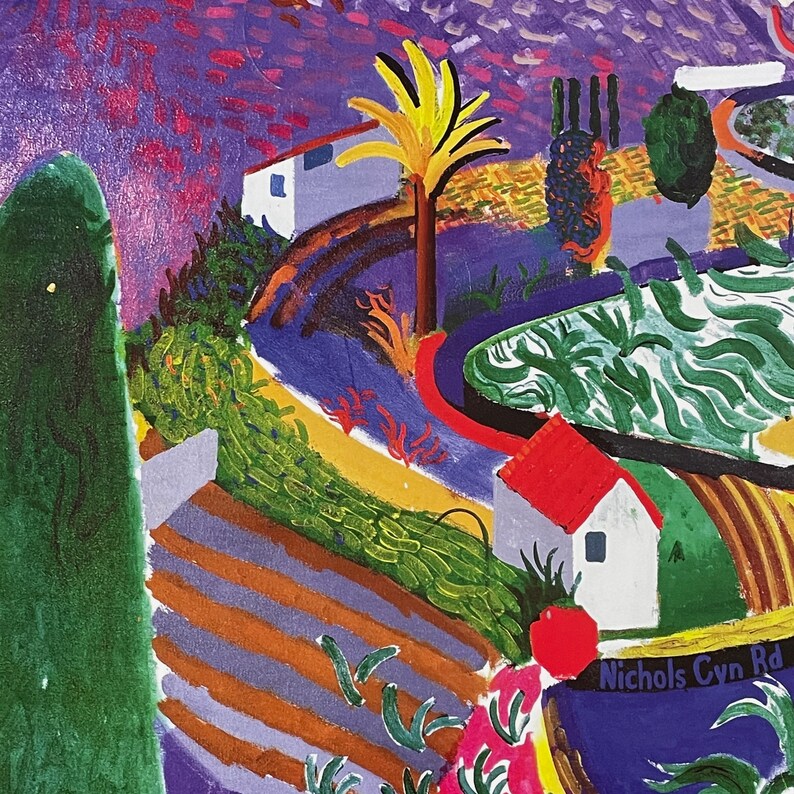 May include: A colorful painting of a landscape with houses, trees, and a pond. The painting is done in a whimsical style with bold colors and simple shapes. The text "Nichols Cyn Rd" is written in the bottom right corner of the painting.