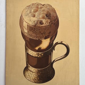 Vintage Hyperrealist Monochromatic Illustration of Soda in a Glass Mug, Signed (Oil on Board)