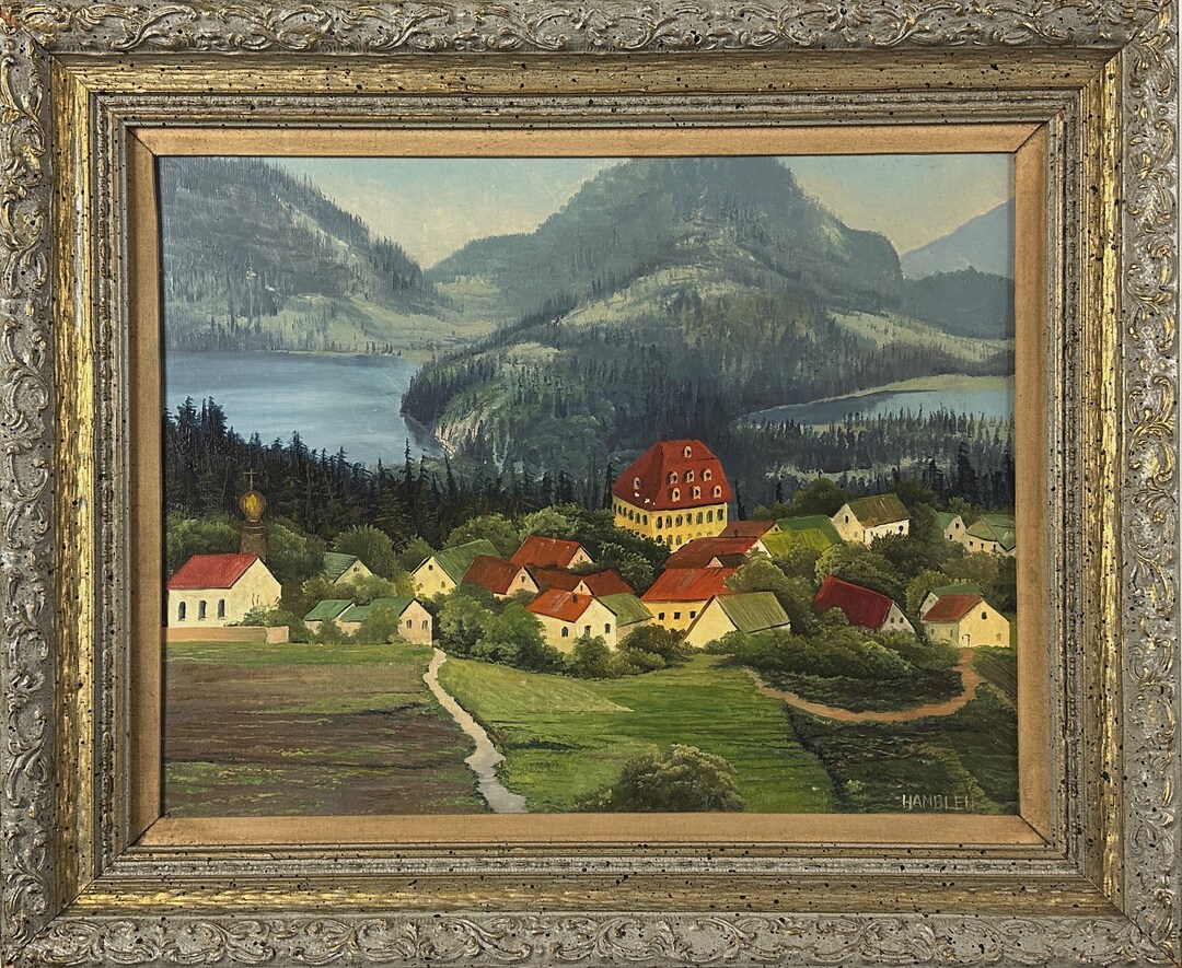 Vintage Folk Art German Village Mountainous Landscape, Signed (oil on ...