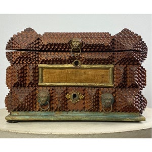 Antique Tramp Art Jewelry Box With Metal Lion Pulls