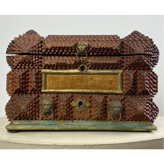 Tramp Art Jewelry Box With Metal Lion Pulls —ON H… - image 1