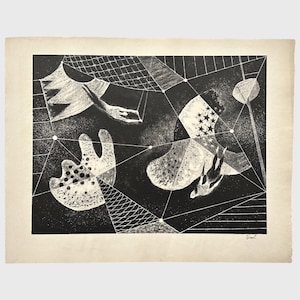 May include: Black and white abstract print with geometric shapes and lines. The print features a white hand-like shape with black dots, a white bird-like shape, and a white shape with stars. The print is on a black background.