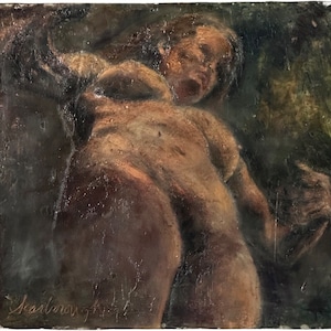 Vintage realistische weibliche figurative Enkaustik Malerei auf Brett, signiert (ca. 1960)