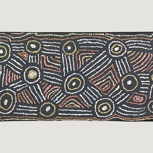 May include: A black and white abstract painting with brown, pink, and gold accents. The painting features a repeating pattern of circles and lines.