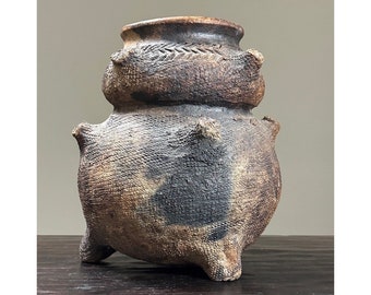 Vintage African Wood Fired Footed Double Bulbed Clay Vessel/Brutalist