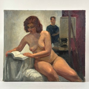 Vintage Realist Portrait of Model and Artist, Oil on Canvas (c. 1965)