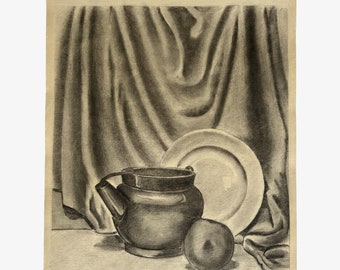 Vintage Realist Still Life with Plate and Kettle by Anthony Ferrara, Signed (1946, Charcoal on Paper)