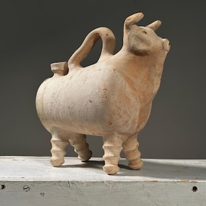 Antique Amlash Folk Art Terracotta Bull Shaped Askos with Handle