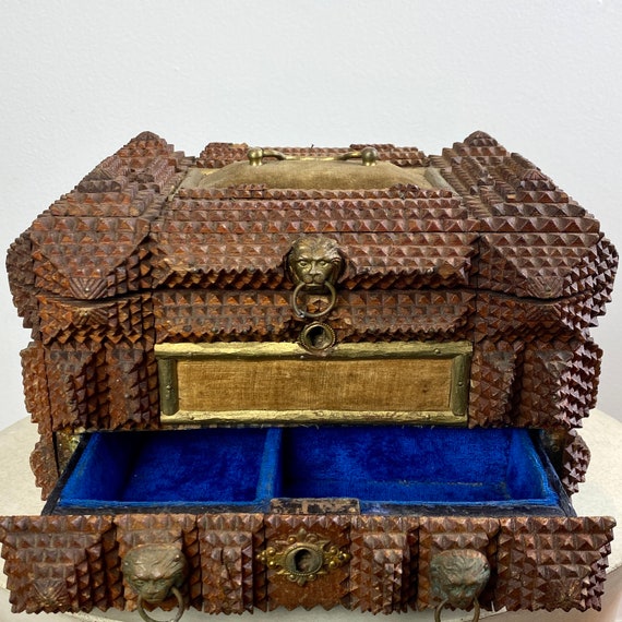 Tramp Art Jewelry Box With Metal Lion Pulls —ON H… - image 5