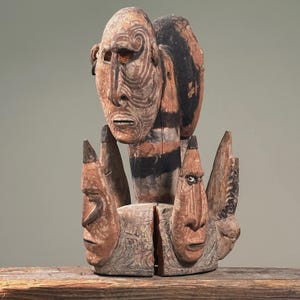Antique New Guinea Middle Sepik River Multi Face Polychrome Hand Carved Wood Sculpture