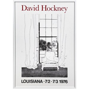 May include: Black and white poster with the text "David Hockney" at the top and "LOUISIANA 7/2-7/3 1976" at the bottom. The poster features a drawing of a chair in front of a window with curtains.