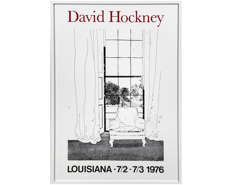May include: Black and white poster with the text "David Hockney" at the top and "LOUISIANA 7/2-7/3 1976" at the bottom. The poster features a drawing of a chair in front of a window with curtains.