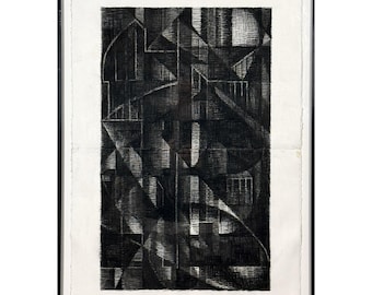 Abstract Postmodernist Minimalist Charcoal Drawing on Art Paper by Ken Warwick, Framed