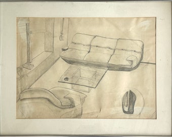 Vintage 1960s Outsider Sketch of Modernist interior, Framed (Graphite On Paper)