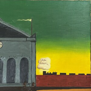 Vintage Surrealist Architectural Landscape after Giorgio de Chirico by J.D. Sine, Signed 1970, Oil on Canvas image 5