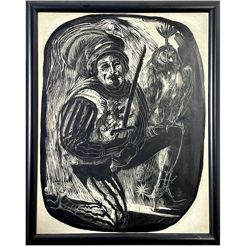 Stephen Bagnell - The Cavelier and The Owl (ca. 1978, Oil on Board/Scratchboard
