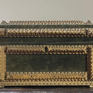 Antique Green Velvet Chip Carved Tramp Art Box (1911)