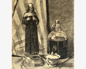 Vintage realistisches Stillleben mit Krug und Nonne, Kerzenhalter, Kohleskizze, signiert (1949, Kohle auf Velin)