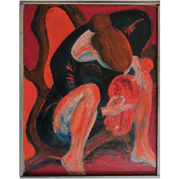 Vintage expressionistische figurative Studie einer hockenden Frau, signiert (1955, Öl auf Leinwand)