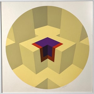 May include: Abstract geometric art print featuring a circular design with a central purple shape surrounded by beige and red shapes.
