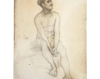 Estudio figurativo masculino realista francés antiguo (carboncillo sobre papel tejido color crema)