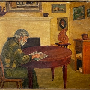 Eva Martino (American, b. 1929) - Outsider Art Interior Portrait with Giovanni Martino, Signed (ca. 1960, Oil on Canvas)