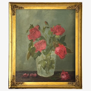 Antique Still Life with Roses in Gilt Embellished Frame, Signed (Oil on Canvas)