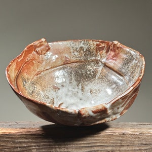 Vintage Shino Glazed Hand Built Ceramic Serving Bowl/Brutalist/organic Modern