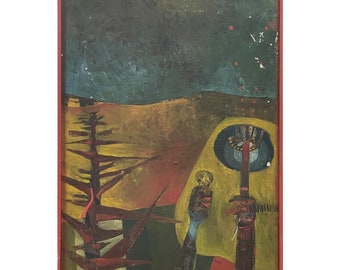 Outsider Modernist Landscape With Figures and Tree (ca. 1950, Signed)