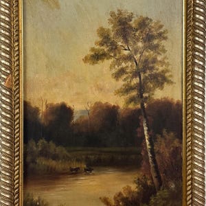 Antik solnedgångslandskap med sjö och kor, olja på duk bild 1