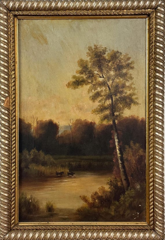 Antique Sunset Landscape with Lake and Cows, Oil on Canvas