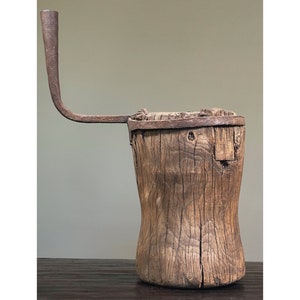 Antique Primitive Hand Carved Wood Vessel with Cast Iron Handle