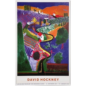 May include: A colorful abstract painting by David Hockney depicting a winding road through a landscape with houses, trees, and fields. The painting is in a vibrant palette of blues, greens, oranges, and yellows.