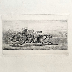 Large Antique Etching of Figures on Horses - Signed in plate
