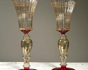 Vintage Murano Glass Decanter Set: Ruby Red, 24K Gold Enamel