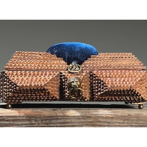 Antique Tramp Art Jewelry Box with Blue Velvet Pincushion
