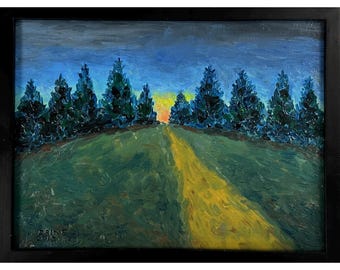 Paisaje expresionista vintage con árboles y amanecer en el horizonte, firmado