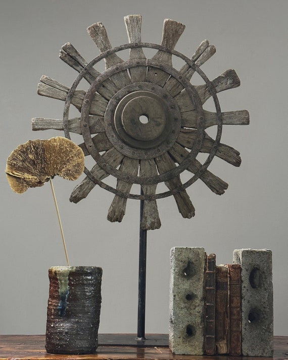 Large Antique Folk Art Primitive Wooden Spoke on Custom Iron