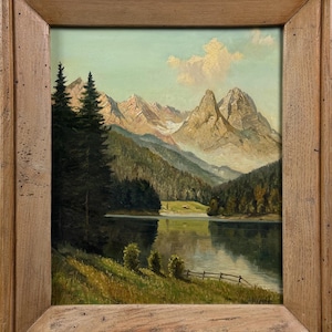 Vintage Post Romanticism German Mountainous Landscape with Lake by Heinrich Wegener, Signed (Oil on Board)