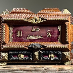 Antique German Lidded Chip Carved Tramp Art Box with Filigree Detailing