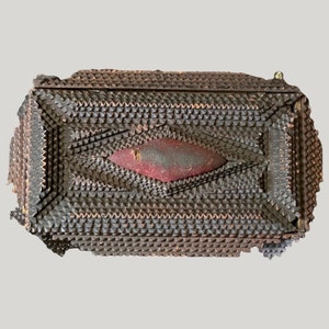 Antique Late 19th C. Tramp Art Box with Red Velvet Pincushion/Folk Art