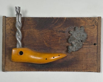 Vintage Outsider/Folk Art Assemblage with Wooden Shoe Form and Metal, Signed