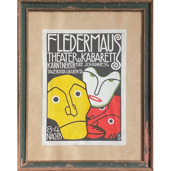 Berthold Loeffler - Three Masks, Fledermaus Theater and Cabaret, 1908 (Framed Original Lithograph)