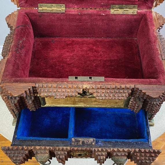 Tramp Art Jewelry Box With Metal Lion Pulls —ON H… - image 6