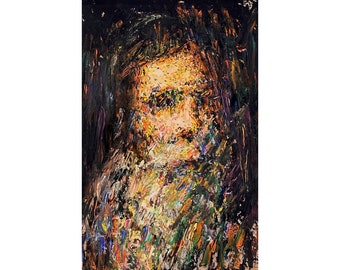 Vintage Abstract Figurative Portrait of Bearded Man, Signed (c. 1994, Oil on Board)/Expressionist